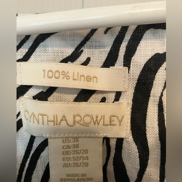 Cynthia Rowley Zebra Print 100% Linen Blouse Size 3X 3 Roll‎ Tab Sleeves - Picture 2 of 6